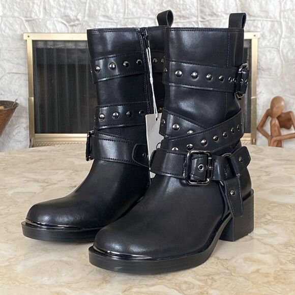 NWT Design Concept Studio Leather Studded Motorcycle Harness Buckle Boots - Picture 2 of 15